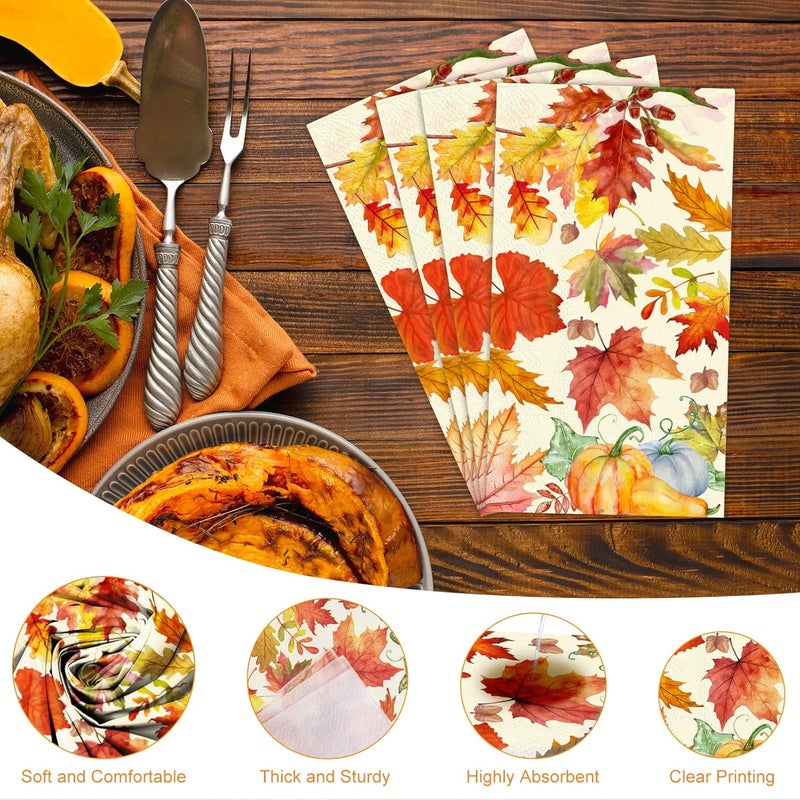 Tbsone 50-PK Fall Thanksgiving Paper Napkins: Disposable 3-Ply Guest Hand Towels with Pumpkin & Maple Leaf Design, Autumn Table Decor for Dinner, Luncheon, Bathroom, and Harvest Party - Image 3
